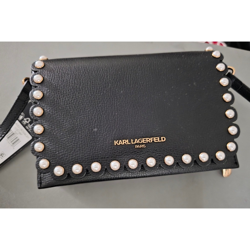 Karl Lagerfeld Paris Lourdes Crossbody Bag Black Pearl Scalloped L5JE74BP NWT